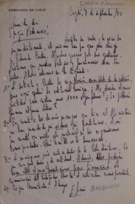 Carta de Efraín Barquero dirigida a Sergio Vodanovic