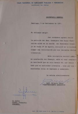 Carta de Raúl Infante Yávar dirigida a Sergio Vodanovic