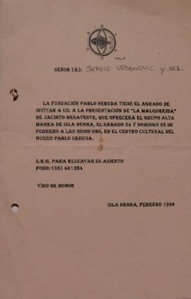 Carta de la Fundación Pablo Neruda dirigida a Sergio Vodanovic
