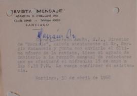 Carta de Hernán Larraín dirigida a Sergio Vodanovic