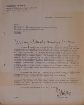Carta de Claudio Véliz dirigida a Sergio Vodanovic
