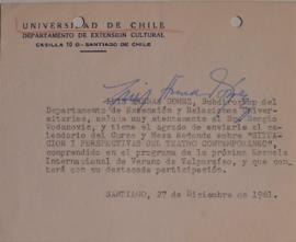 Carta de Luis Arenas dirigida a Sergio Vodanovic