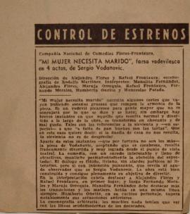 Control de estrenos. "Mi mujer necesita marido", farsa vodevilesca en 4 actos, de Sergi...