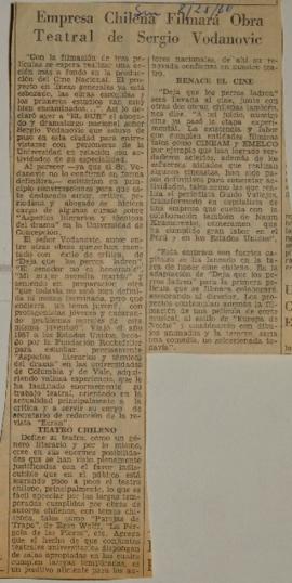 Empresa chilena filmará obra teatral de Sergio Vodanovic.