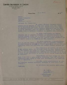 Carta de Jorge Moreno dirigida a Sergio Vodanovic