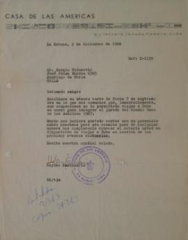 Carta de Haydee Santamaría dirigida a Sergio Vodanovic