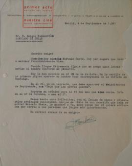 Carta de José Monleón dirigida a Sergio Vodanovic