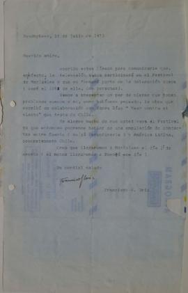 Carta de Francisco Uriz dirigida a Sergio Vodanovic