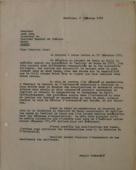 Carta en francés de Sergio Vodanovic dirigida a Jack Lang
