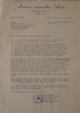 Carta de Matica Iseljenika Srbije dirigida a Sergio Vodanovic y Betty Johnson