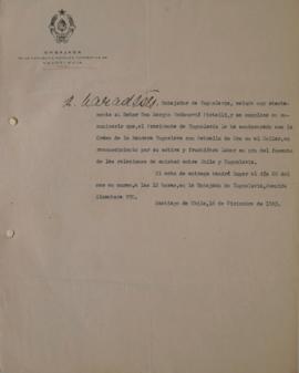 Carta del embajador de Yugoslavia dirigida a Sergio Vodanovic