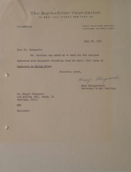 Carta de Mary Kalugerovich dirigida a Sergio Vodanovic