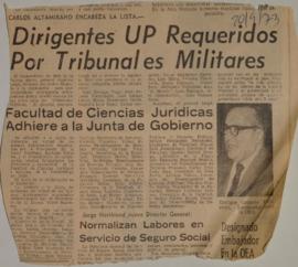 Dirigentes UP requeridos por tribunales militares. Facultades de ciencias jurídicas adhiere a la ...