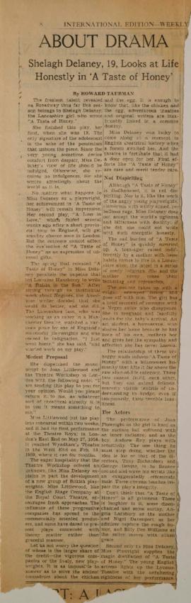 About drama. Shelagh Delaney, 19, looks at life honestly in "A Taste of Honey"