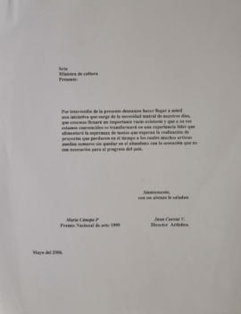 Carta de Juan Cuevas y Maria Cánepa P. dirigida a la Ministra de Cultura de Chile