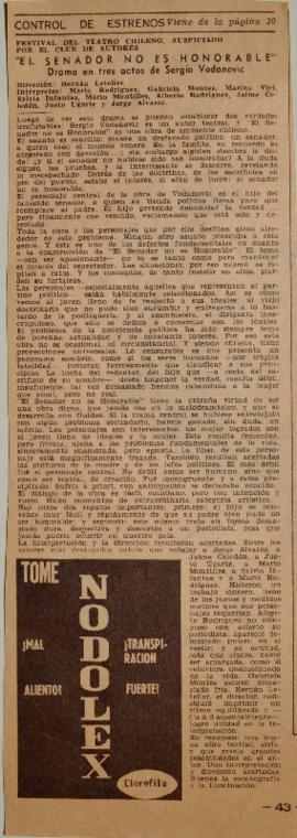 "El senador no es honorable". Drama en tres actos de Sergio Vodanovic